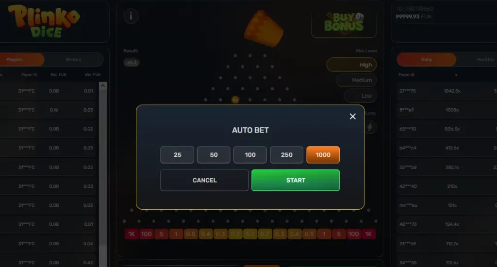 Autobet in Plinko Dice